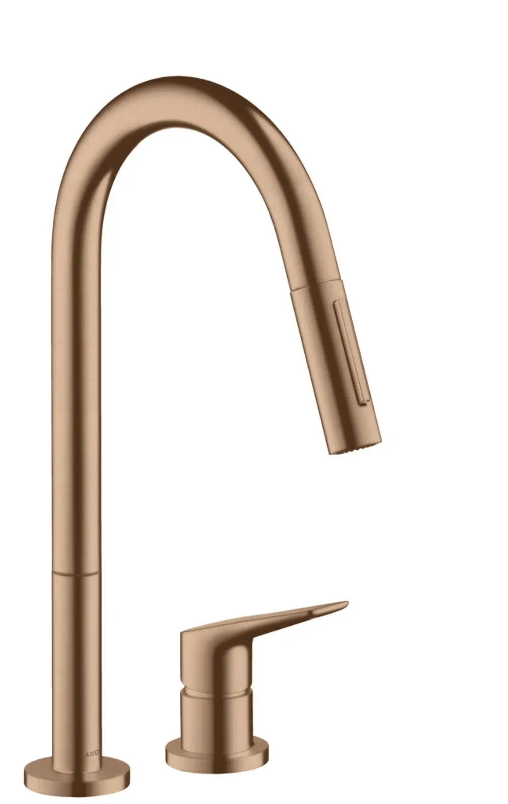 Küchenmischer von AXOR mit einem hohen, gebogenen Auslauf und einer integrierten ausziehbaren Brause. Farbton Brushed Red Gold, mit separatem Bedienhebel.